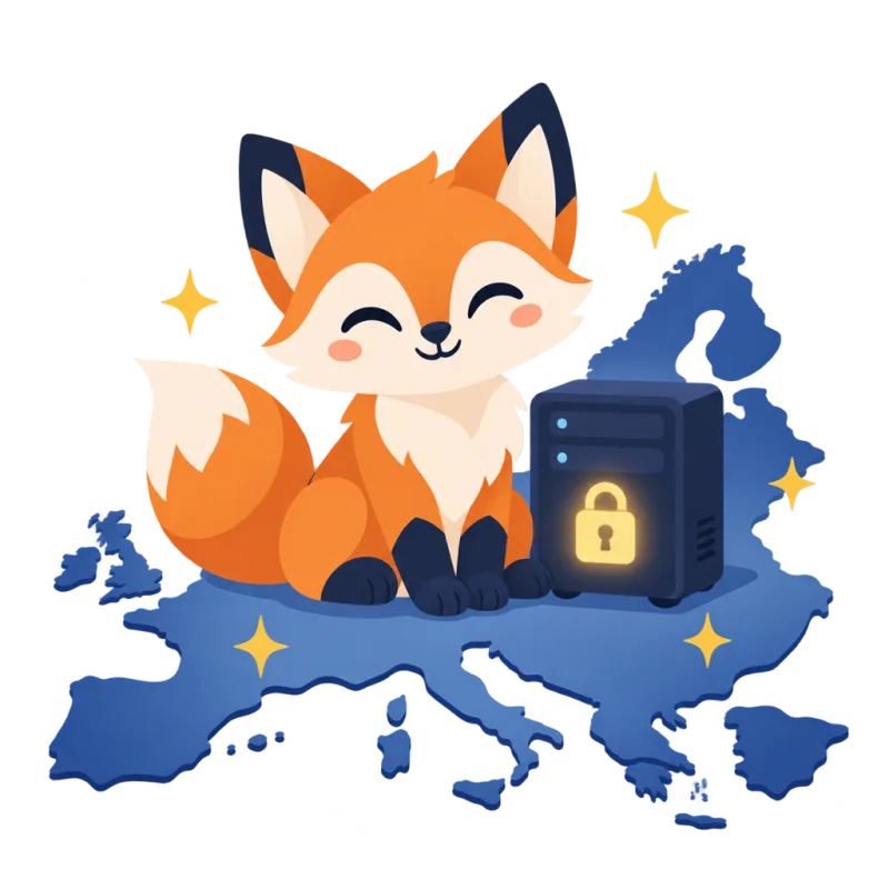 Fuchs sitzt auf einer Europakarte neben einem Server mit Schloss